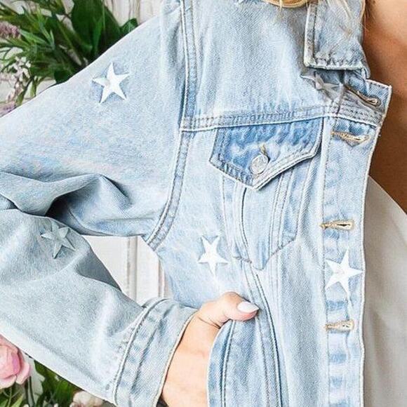 Star Embroidery Light Wash Blue Denim Jacket Size S - Picture 2 of 7